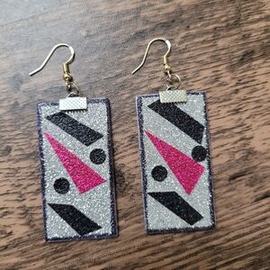 HAND CRAFTED Pink/Black/Silver Shimmer Wooden Party Earrings